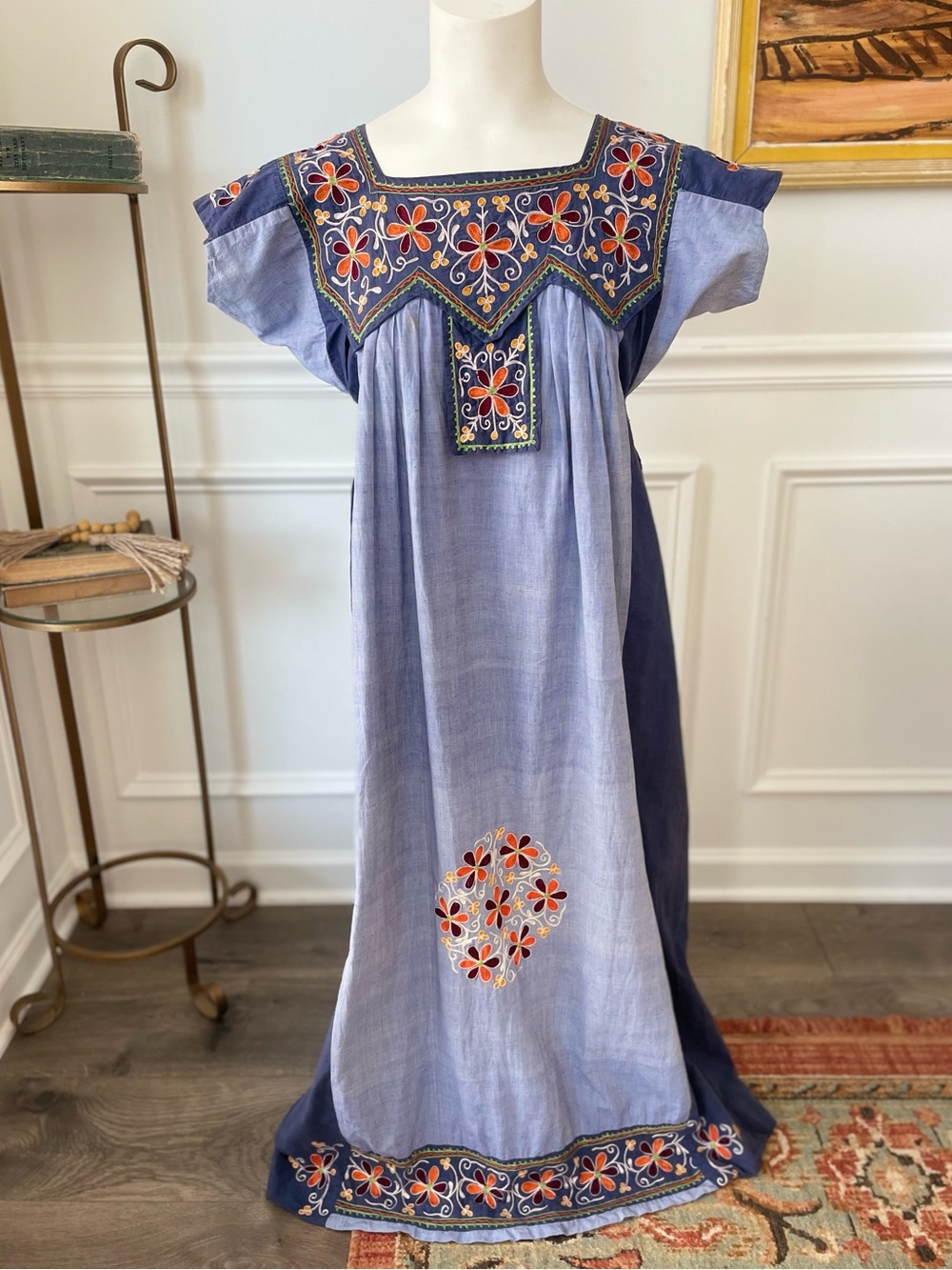 1970s Vintage Mexican Embroidered Caftan Dress